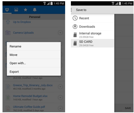Dropbox for Android  export files to your SD card
