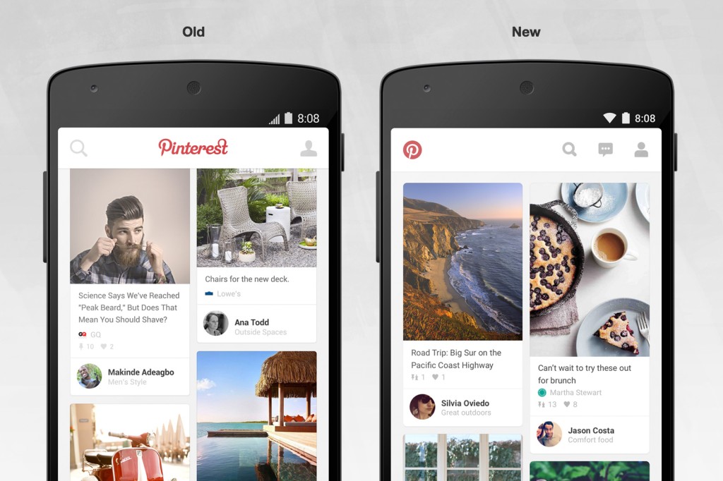 new and old interface of pinterest for android